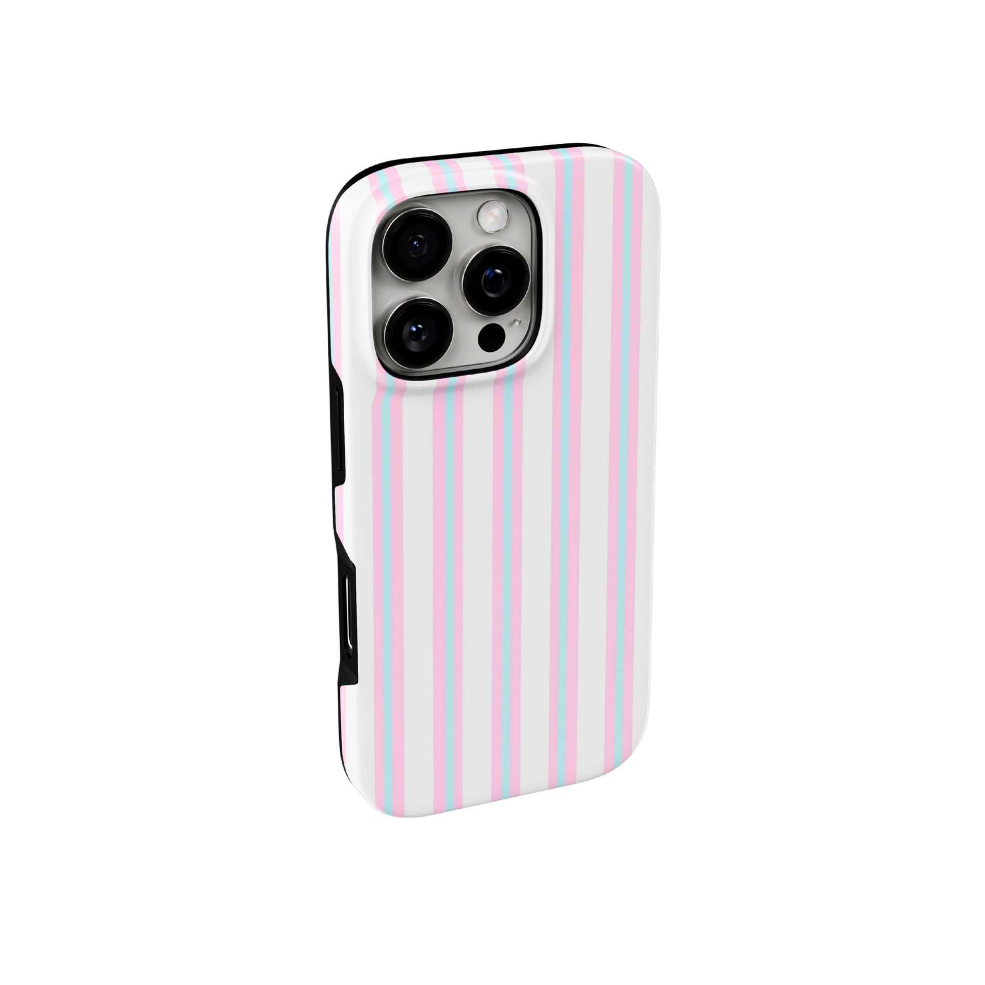 Phone case with pink and white striped design on a white background