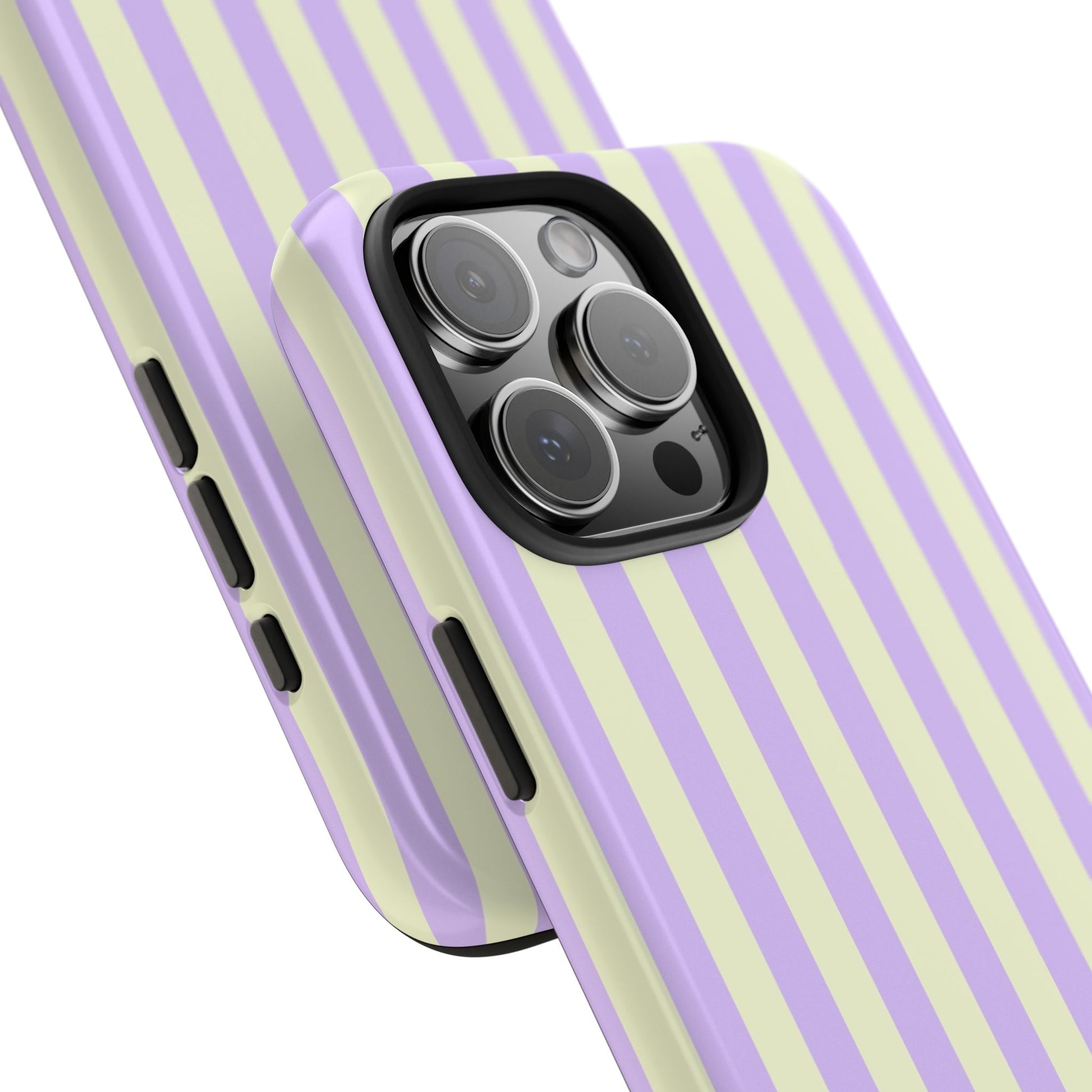 Phone case with purple and beige striped design on a white background