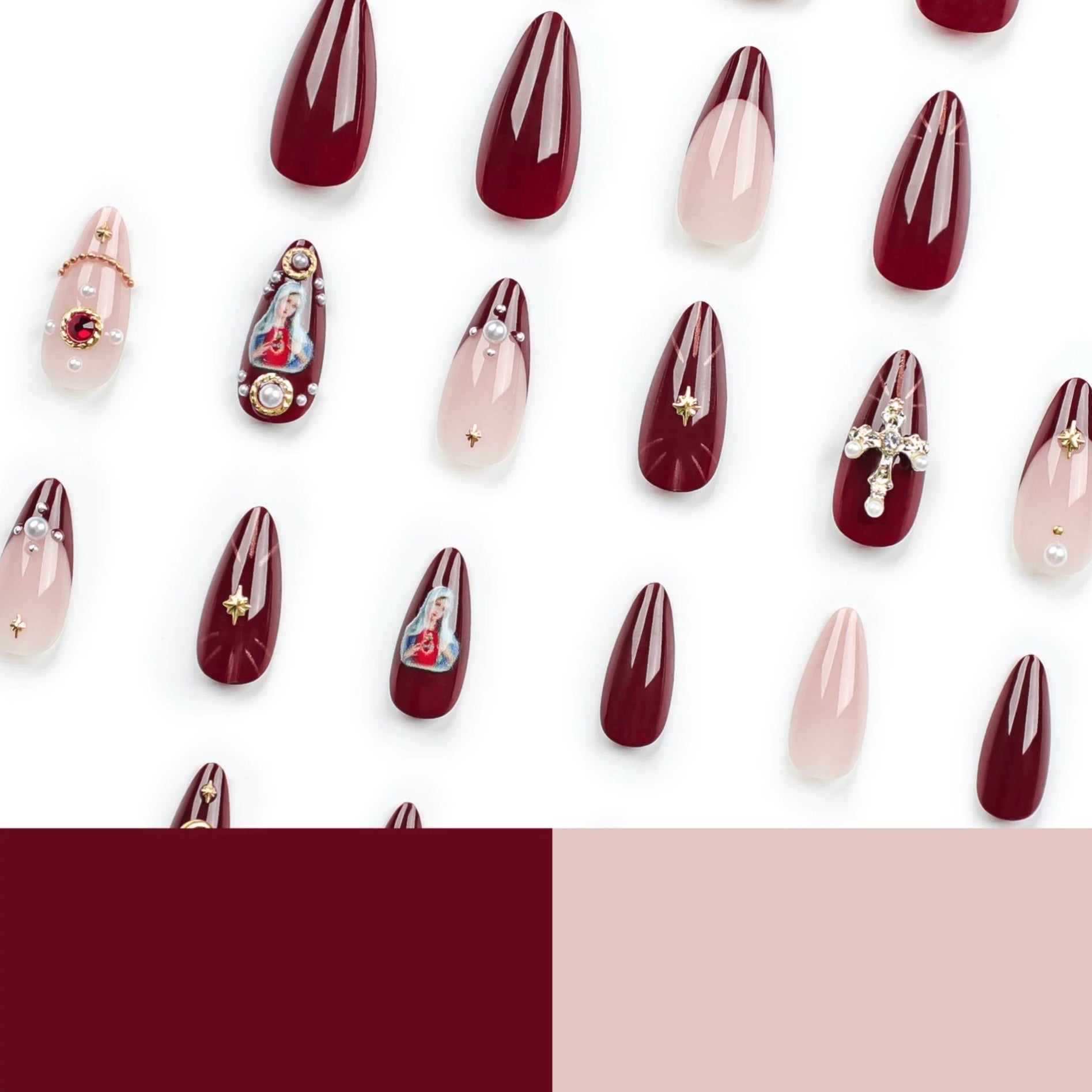 Gold Moon Star Design Nails – Red Baroque Fake Nails with Glitter and Cross Pattern