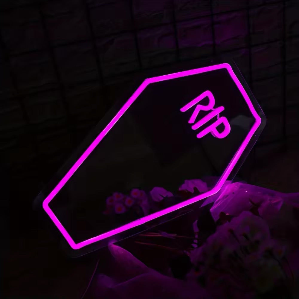 Gothic-themed RIP neon wall art for home or haunted house parties