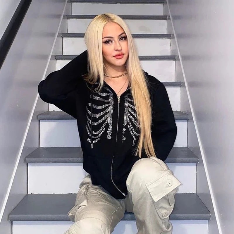 Y2K rhinestone skeleton hoodie women gothic black