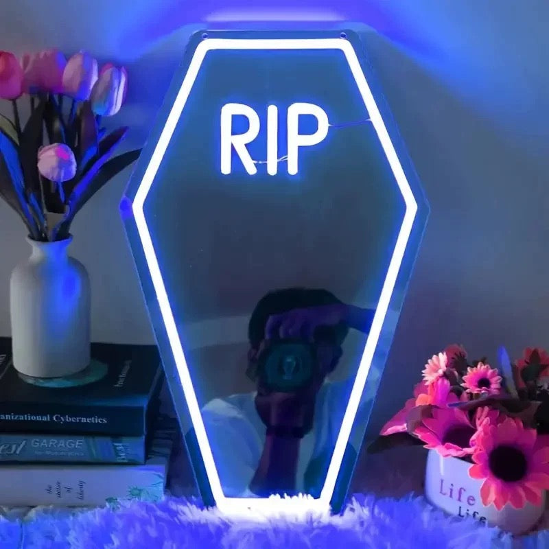 Gothic room accessory neon coffin mirror, perfect as a Halloween gift