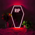 Coffin-Shaped Neon Mirror with Purple RIP Sign for Gothic Room Decor