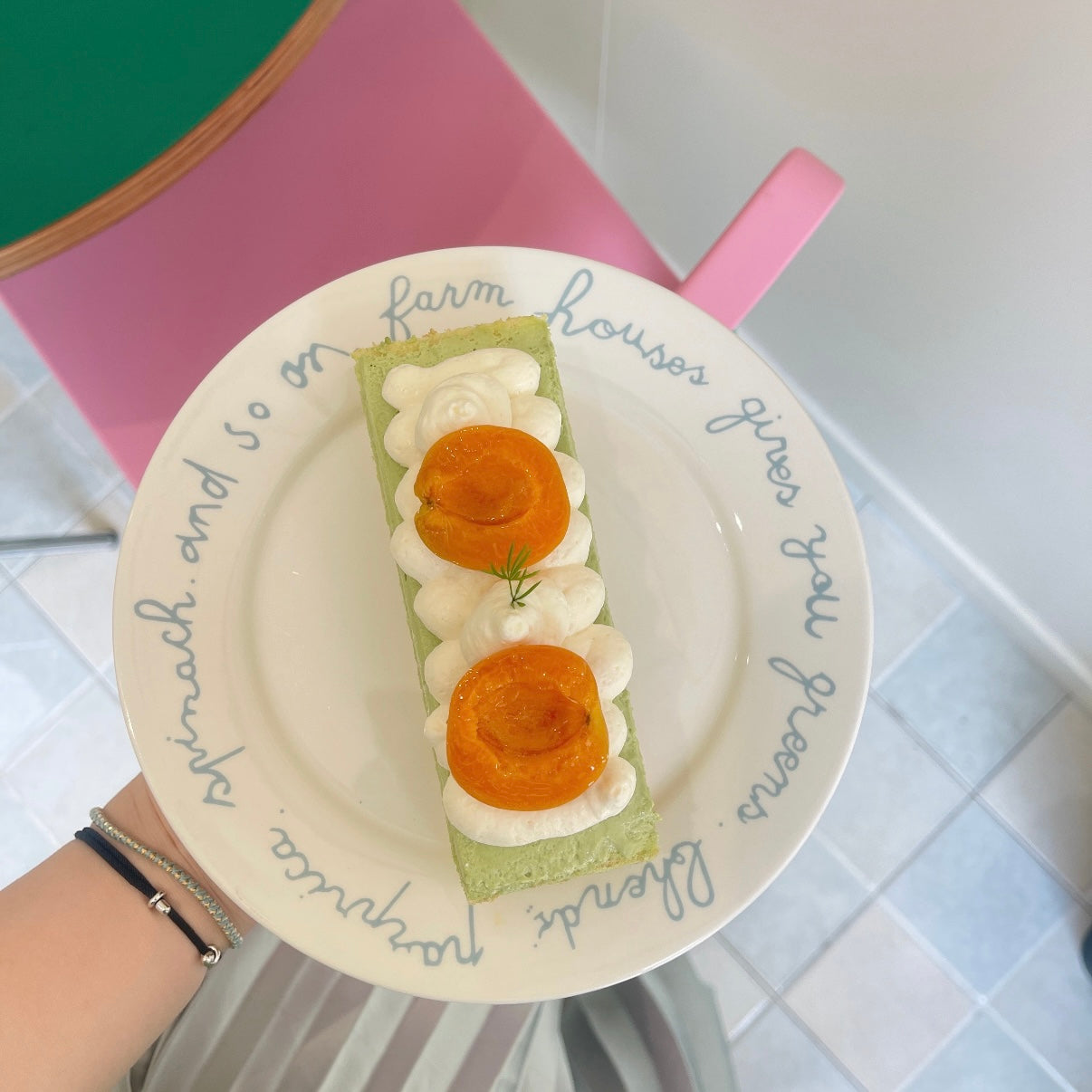 A hand holds a white ceramic plate with blue script text, featuring a long green cake or pastry topped with white whipped cream and two orange apricot centers, set against a colorful pink and green chair.