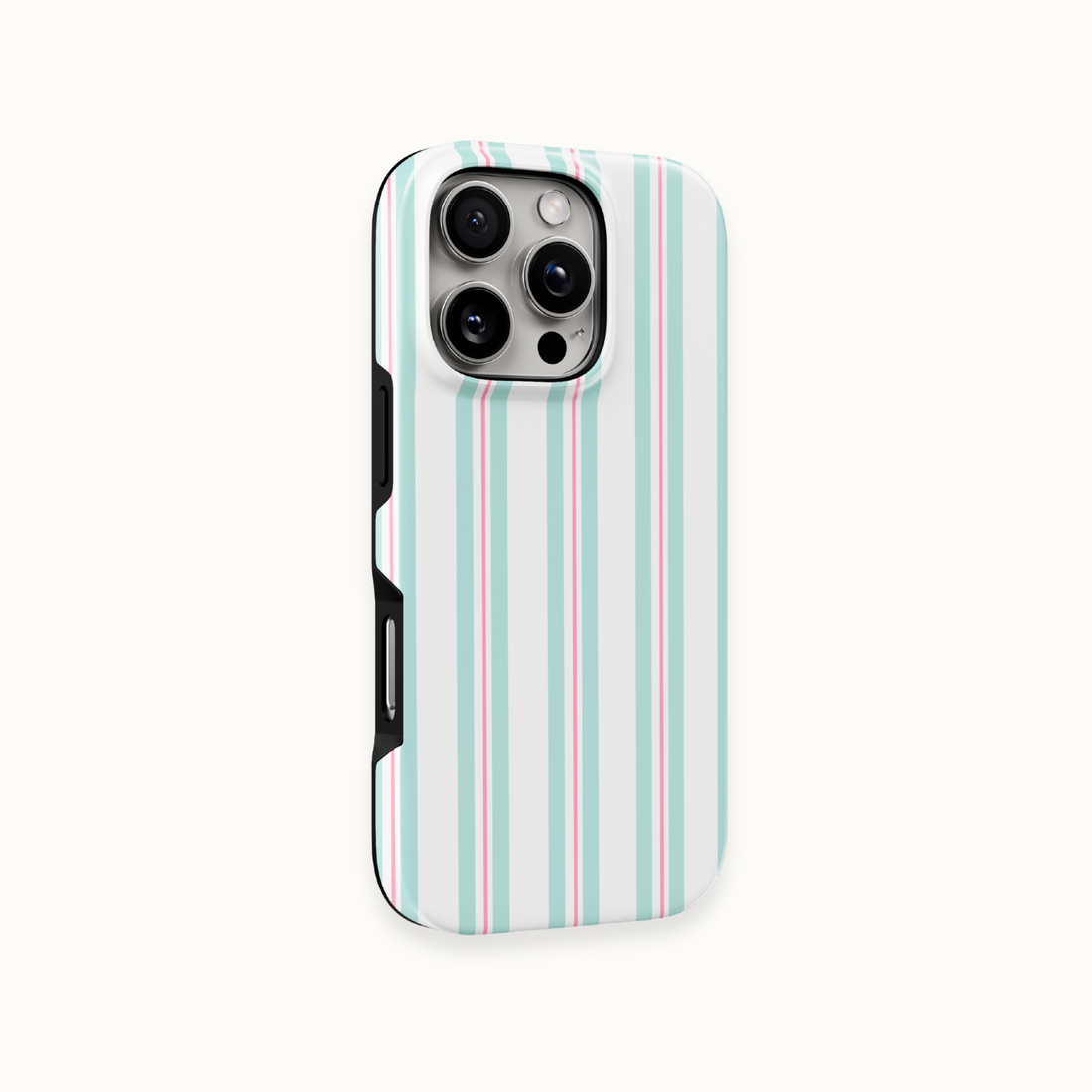 A phone case with a vertical stripe pattern in mint green, light blue, and pink on a white background, shown on a light off-white studio background.