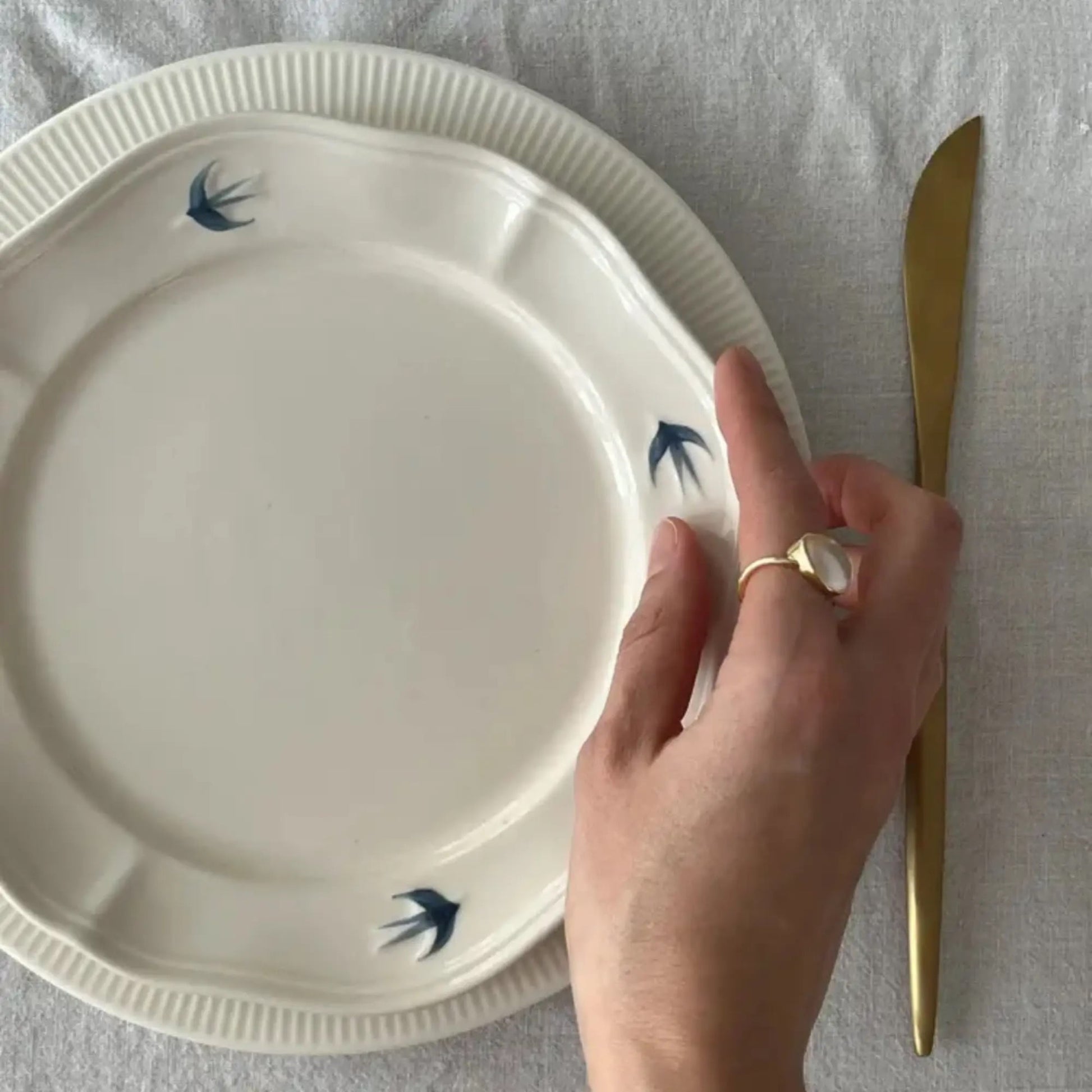 Retro flat ceramic plate with bird design for desserts