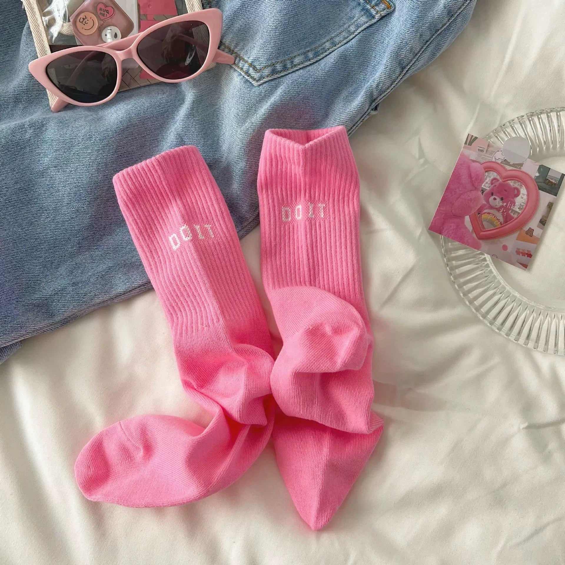 Women pink cotton socks Y2K mid-tube letter sportswear