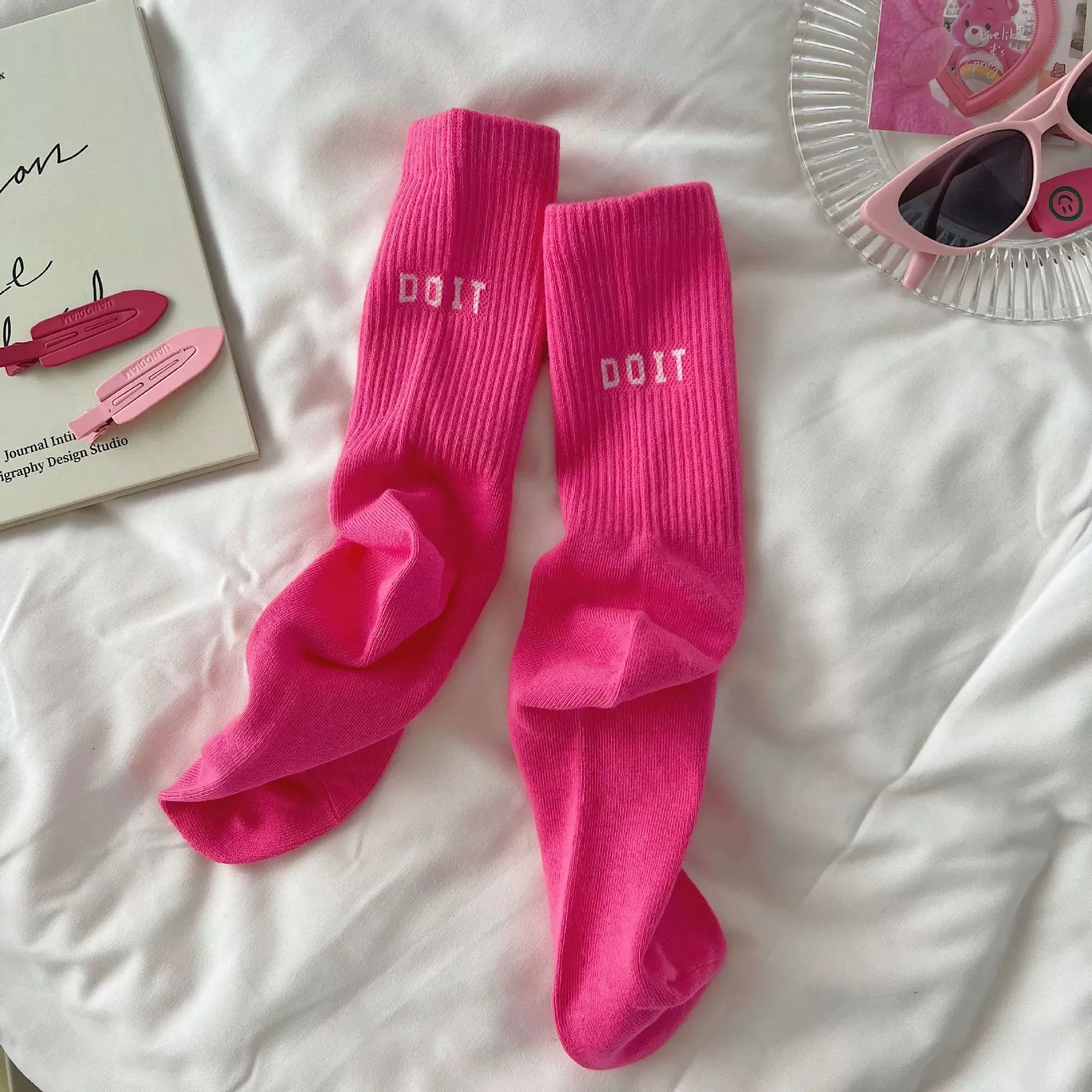 Pink Y2K socks letter design mid-tube women streetwear