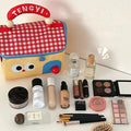 Large capacity cartoon cosmetic pouch with pastel house design, insulated interior for beauty or snacks, ideal for gifting