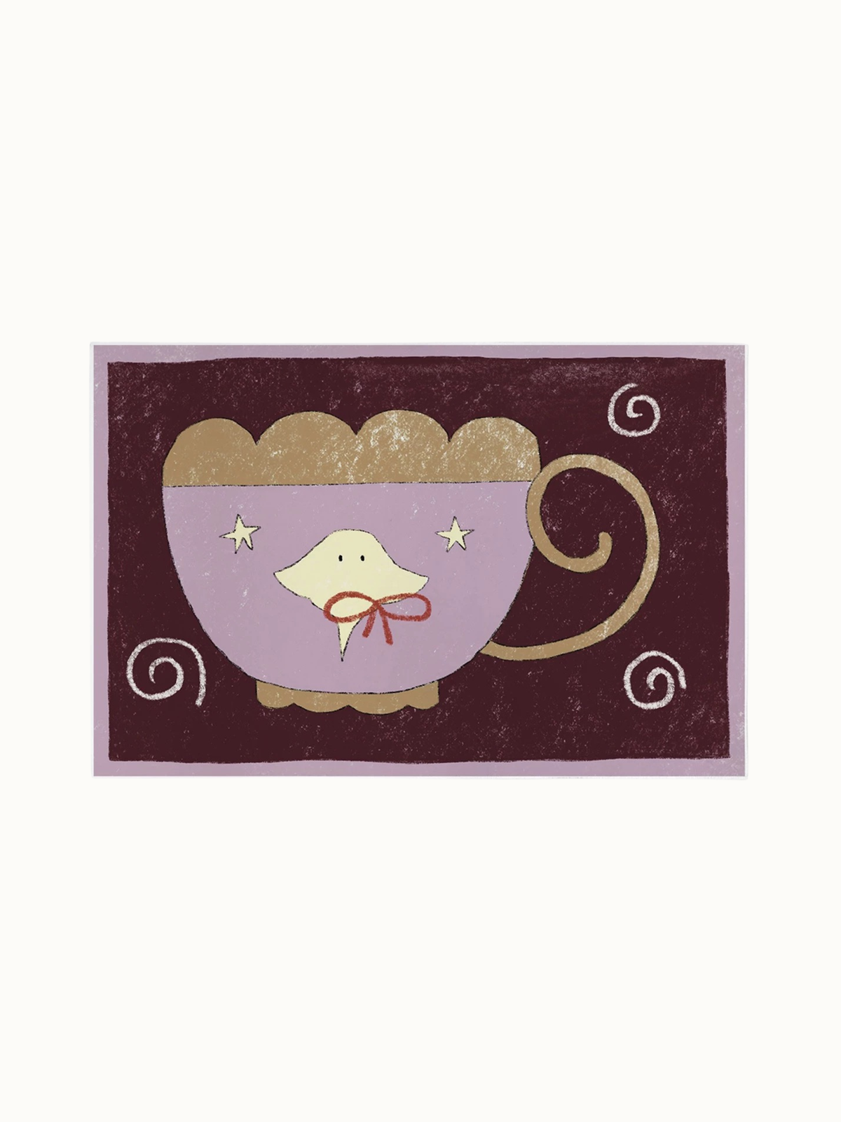 A jellyfish cup rug has a lilac cup, yellow character and curled tan handle on a burgundy background.