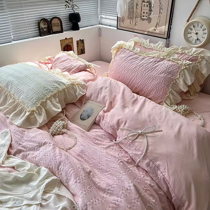 Yellow Korean bedding set styled with seersucker texture and soft frills