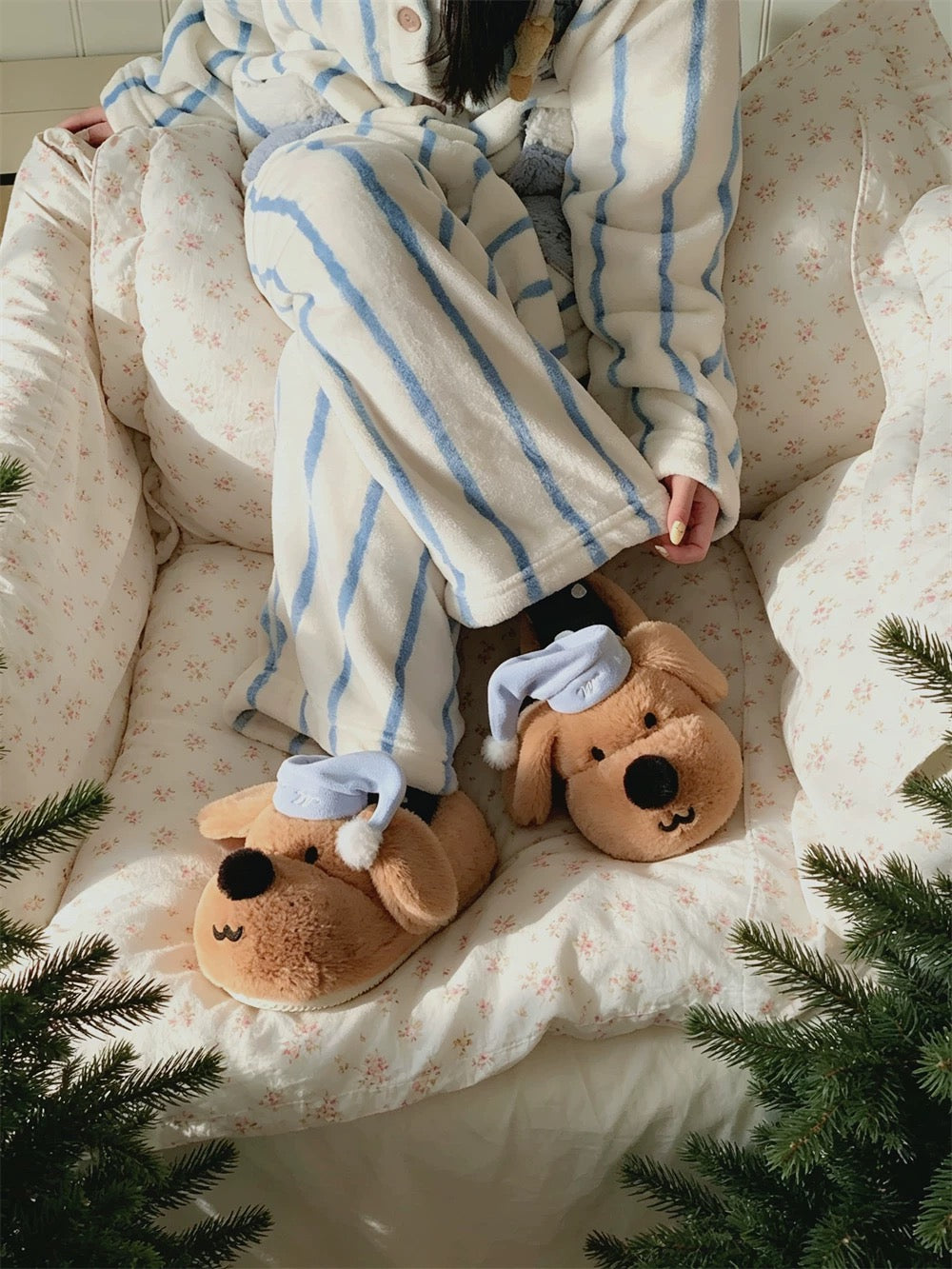 Brown and white kawaii dog slippers styled indoors
