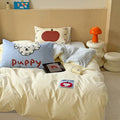 Cozy cotton bedding set with a puppy pillow and beige stripes for soft girl decor
