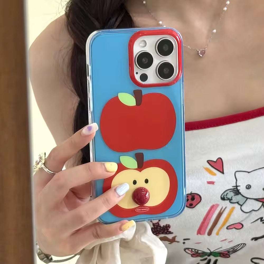 Blue soft iPhone case with red apple graphics in Korean Y2K style