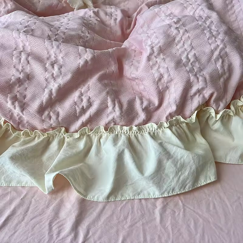 Close-up of lace pillowcases with elegant ruffled princess aesthetic