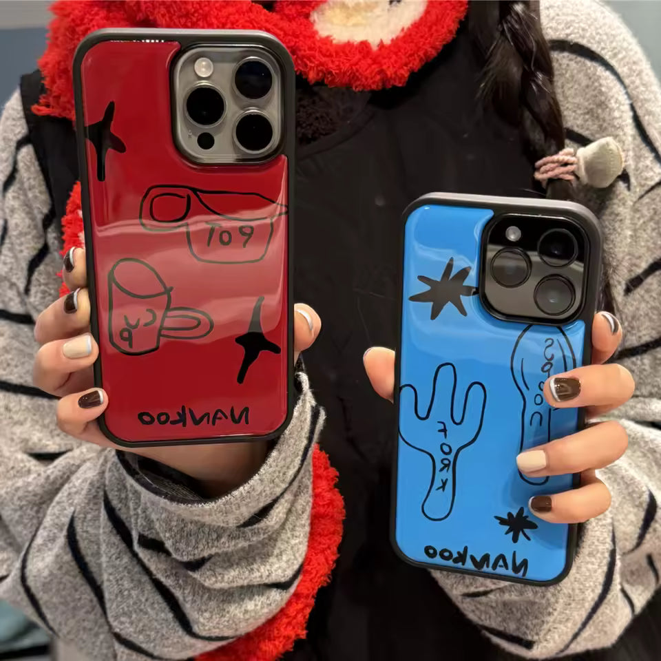 Blue glossy graffiti iPhone case with spoon and fork doodles