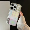 Korean soft girl aesthetic iPhone case featuring stars, stripes, and subtle text prints