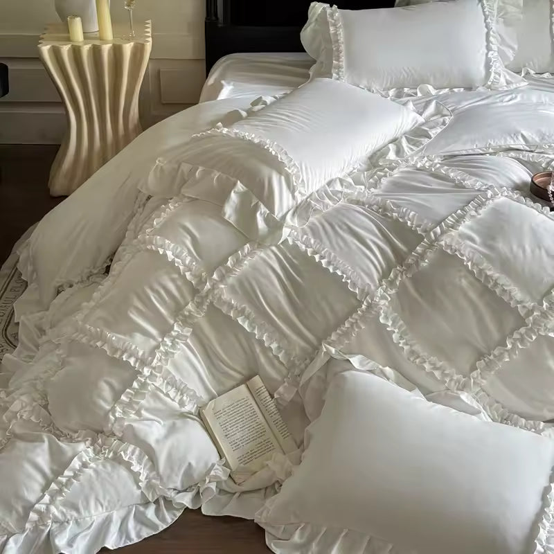 Korean princess-style bedding with frilly lace edges and layered ruffle details.
