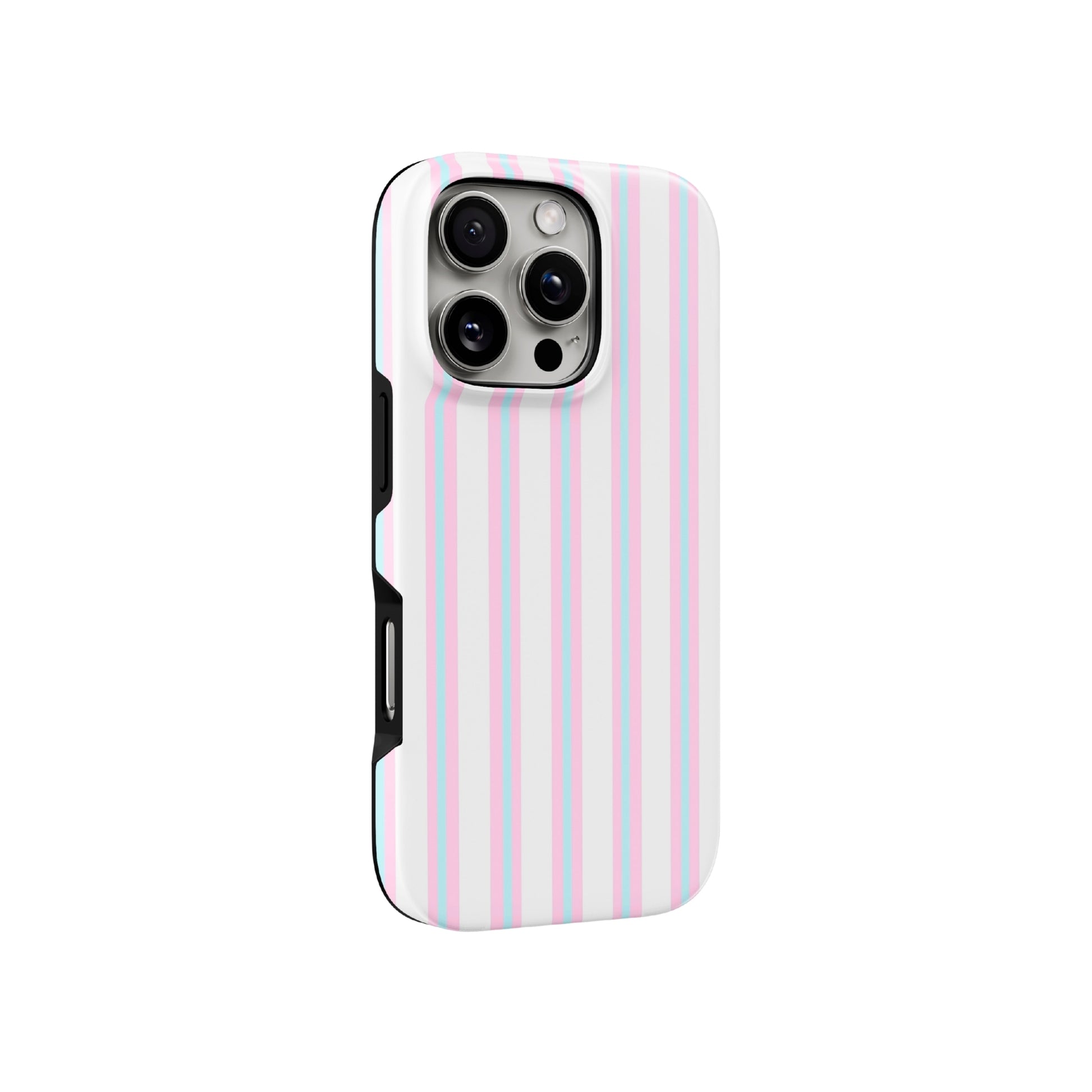 Phone case with pink and white stripes on a white background