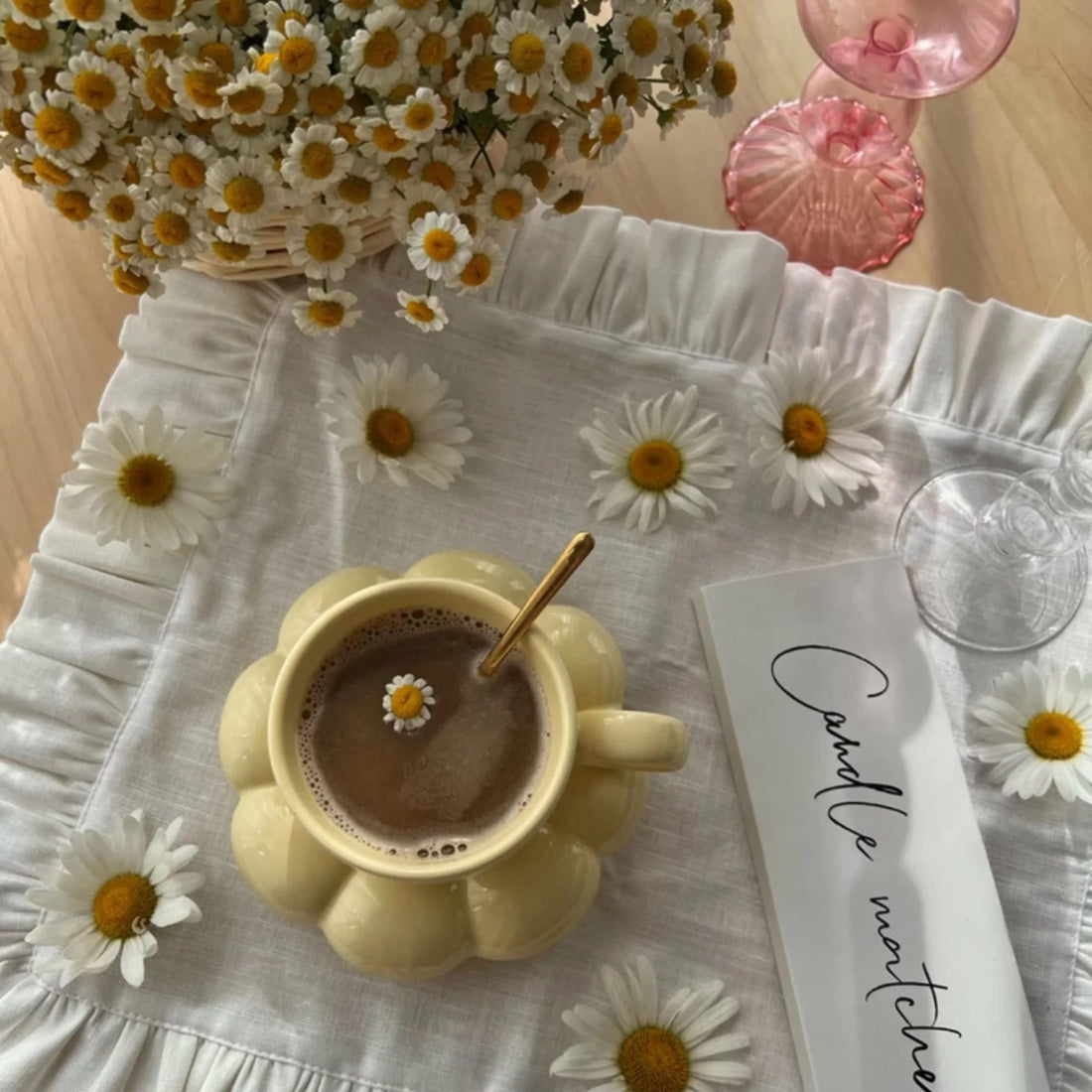 Stylish yellow coffee mug with sunflower saucer. Unique design for afternoon tea, home, or office.