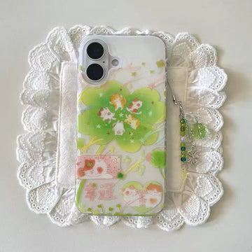 Kawaii lucky cat clover iPhone case with beaded charm