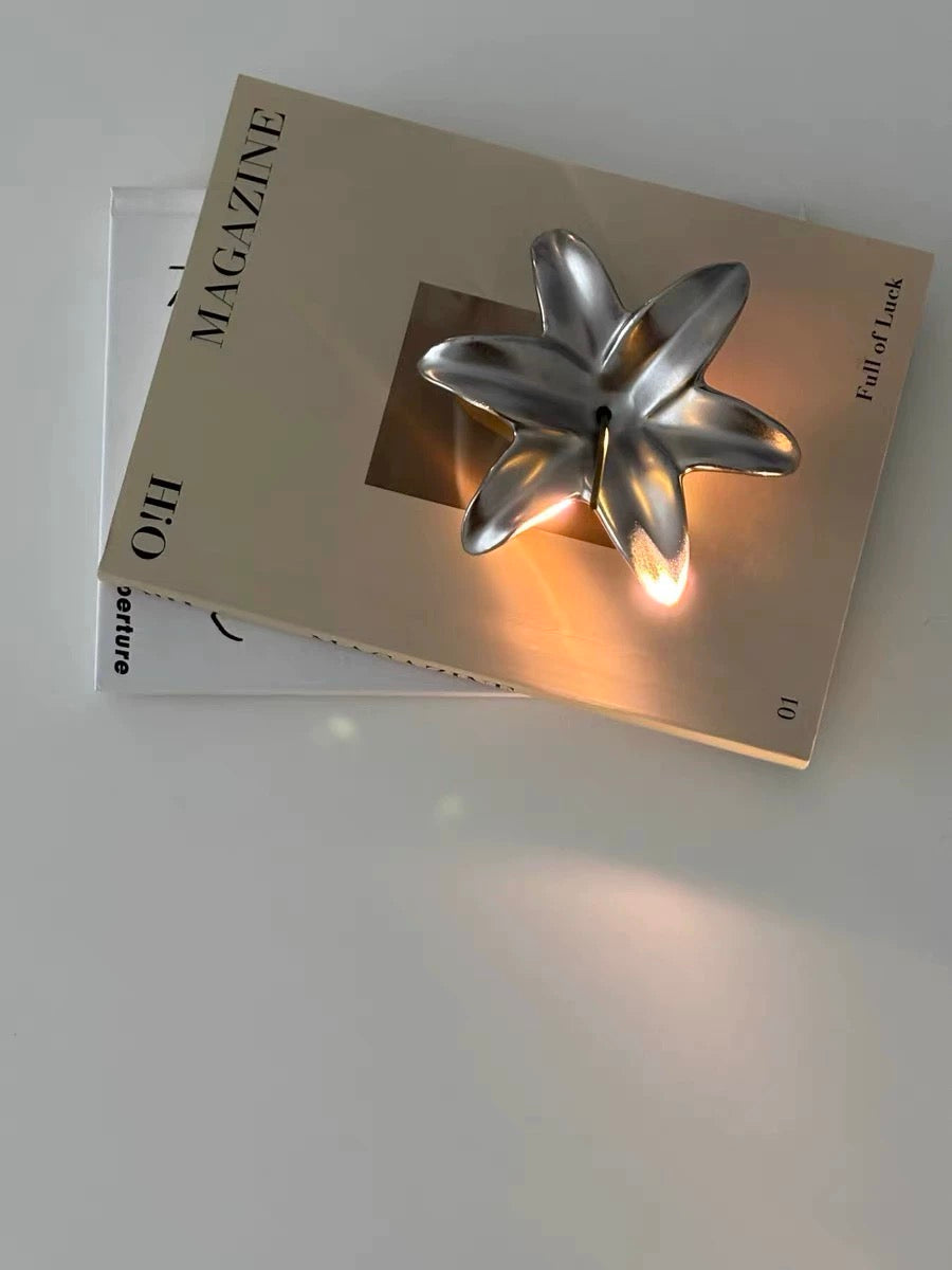 Metallic star-shaped object on a magazine with a white background