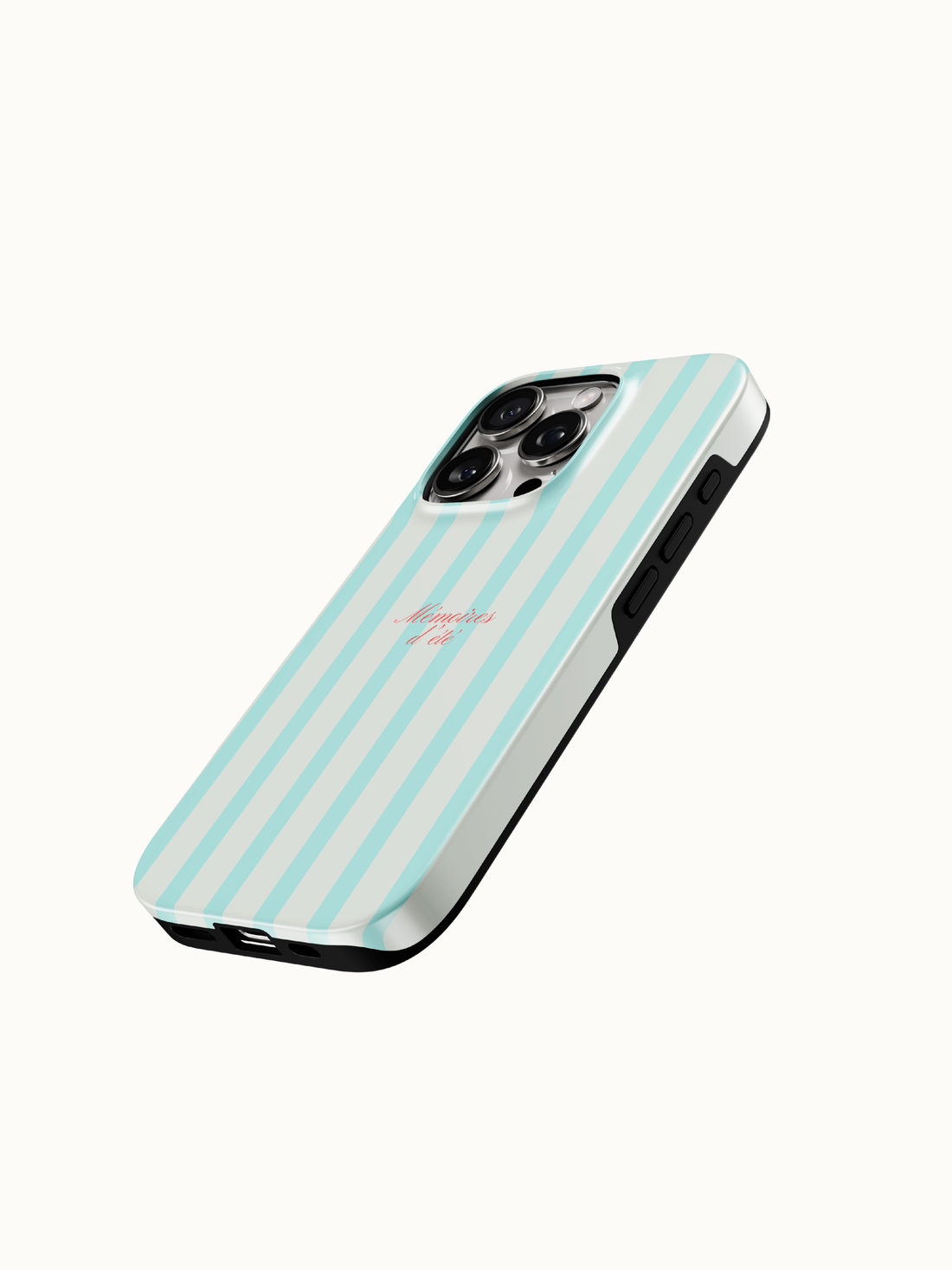 Mint striped phone case with Memoires d'Ete summer memories script, back view on an iPhone, The Feelz