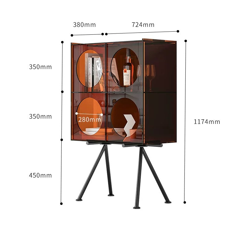Dimensions of a modern cabinet with glass panels on a white background