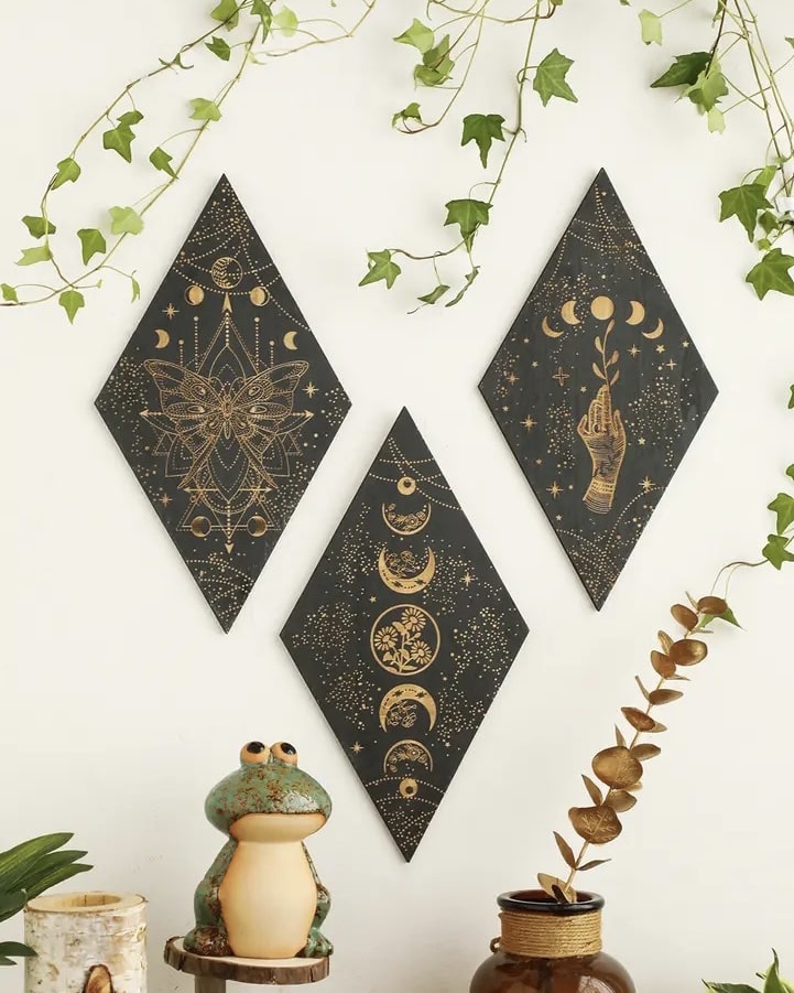 Wooden moon phase plaque for gothic room decoration