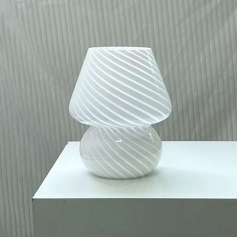 Elegant vintage mushroom desk lamp for bedroom and home decor. Striped glass design with USB plug and ambient LED light.