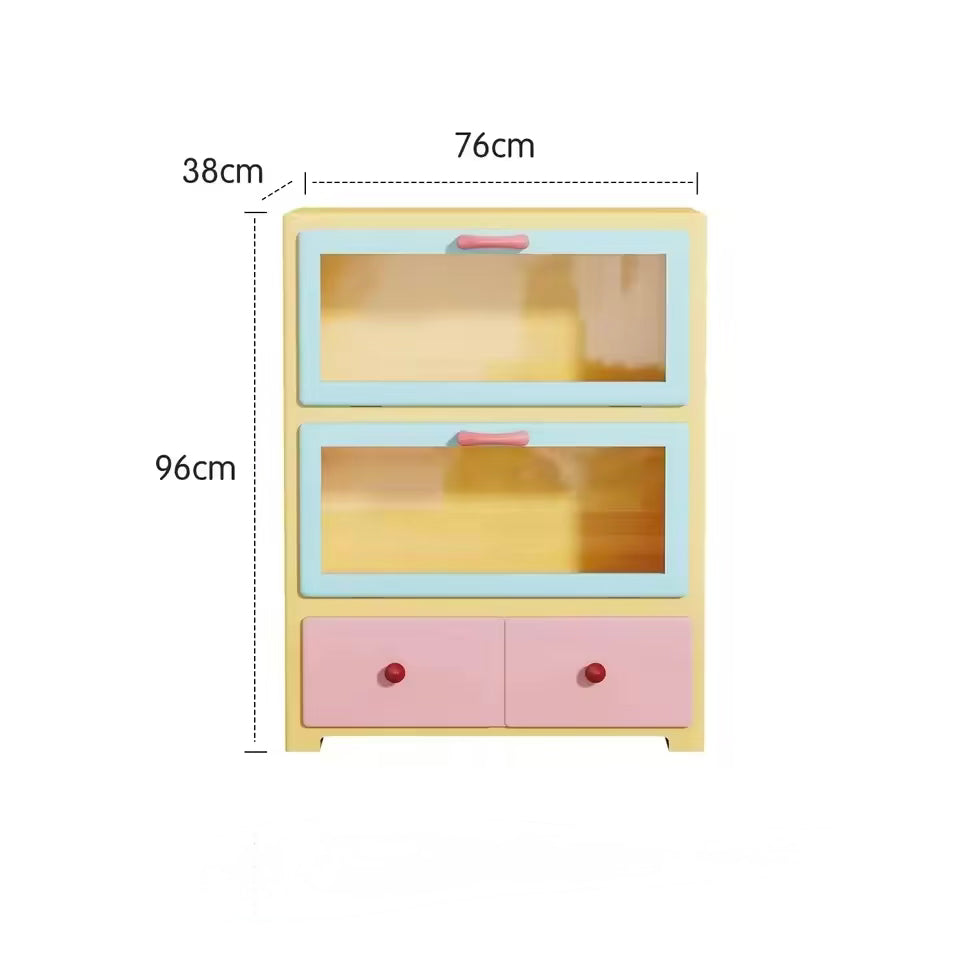 Pastel dopamine pink display cabinet styled as storage sideboard in aesthetic interior space