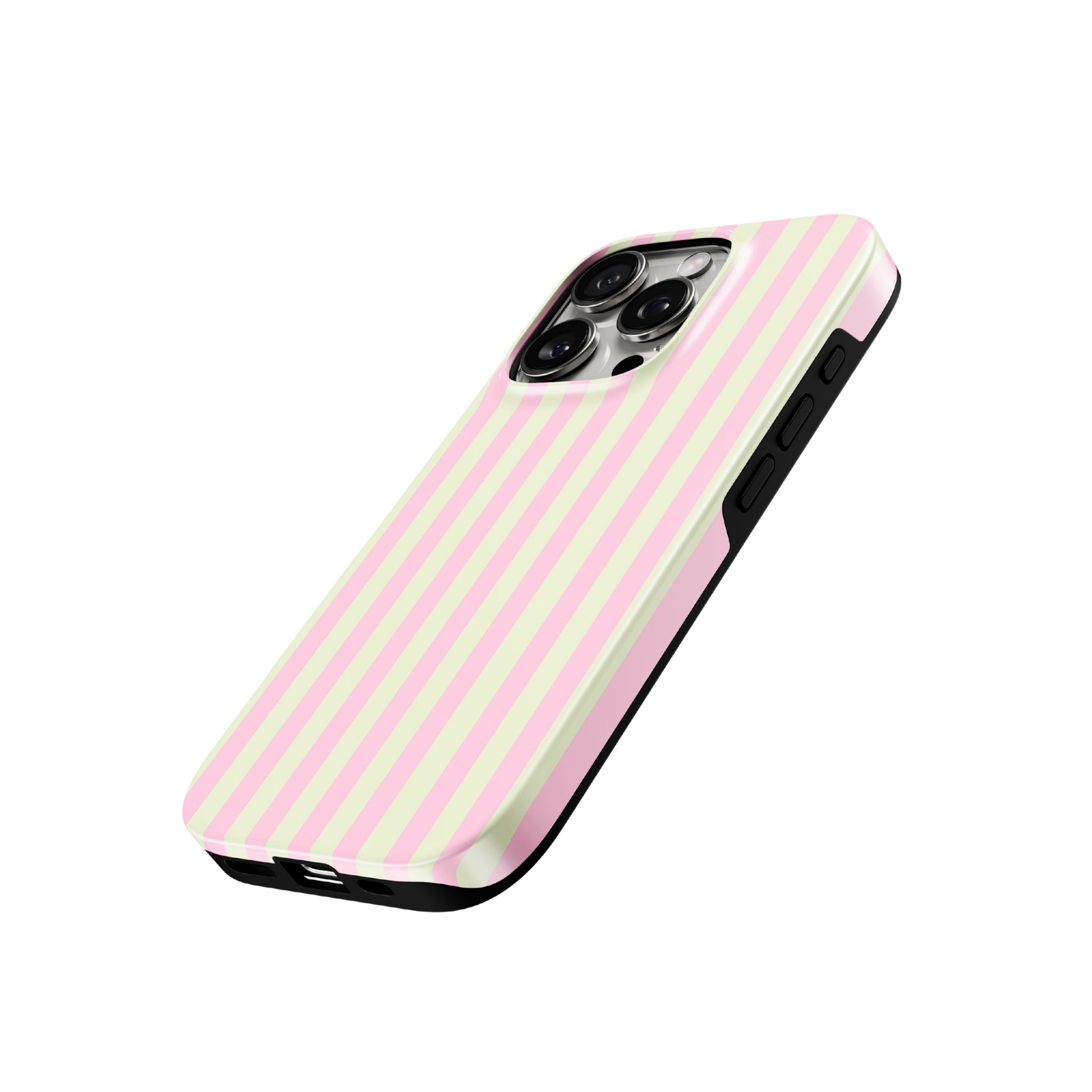 Phone case with pink and green vertical stripes on a white background