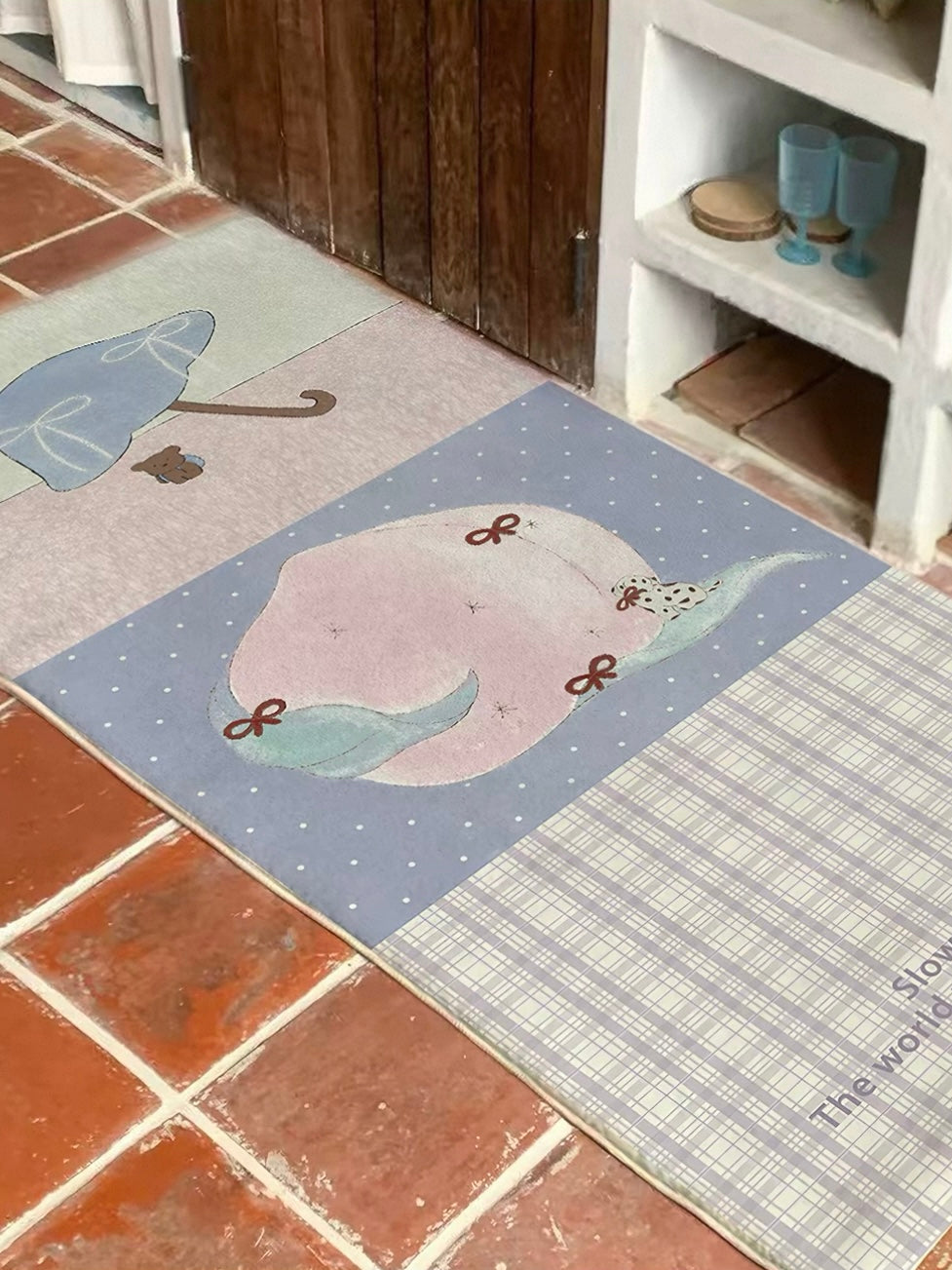 A pastel runner rug with a pink peach and lilac plaid panel lies flat beside open shelving.