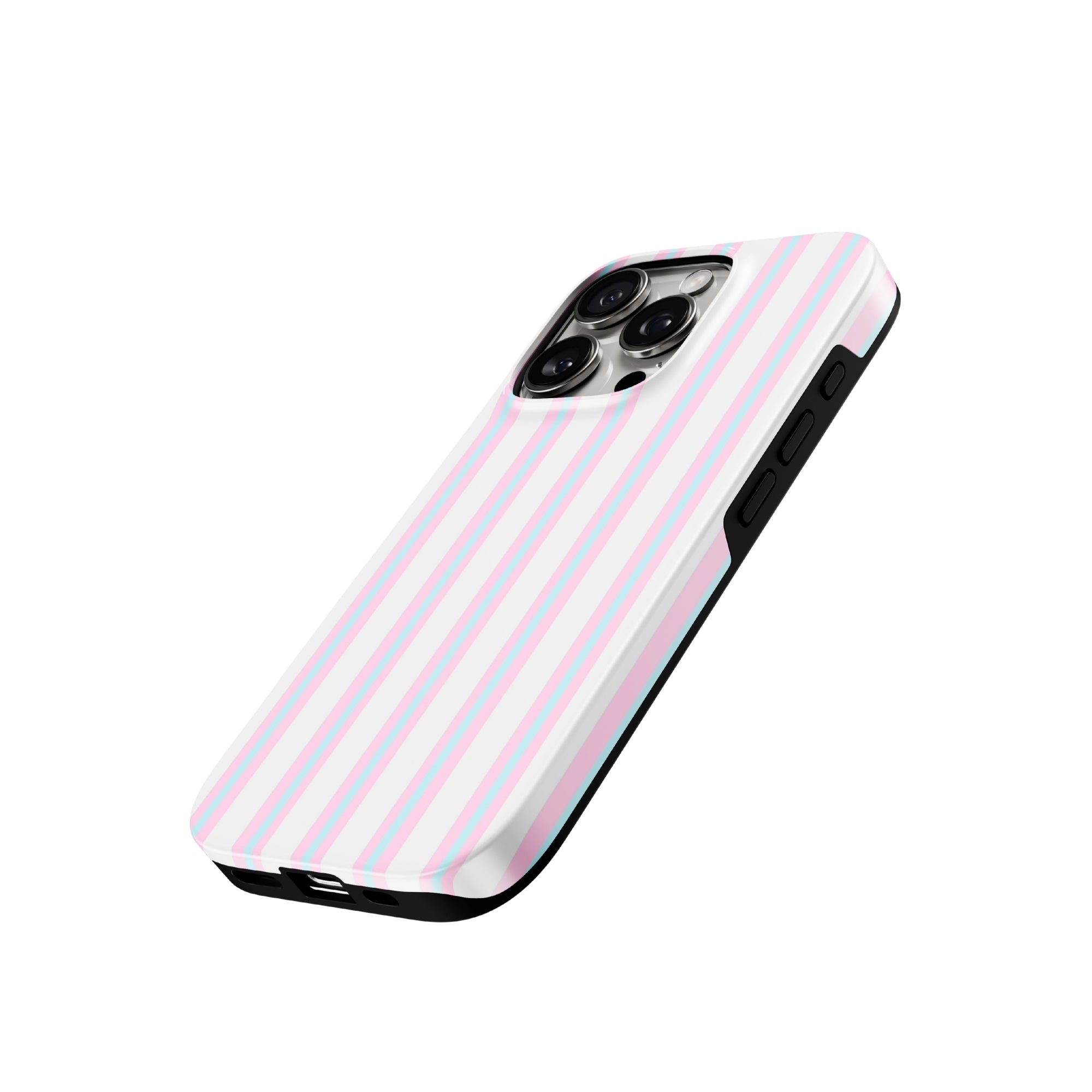 Phone case with pink and blue striped design on a white background