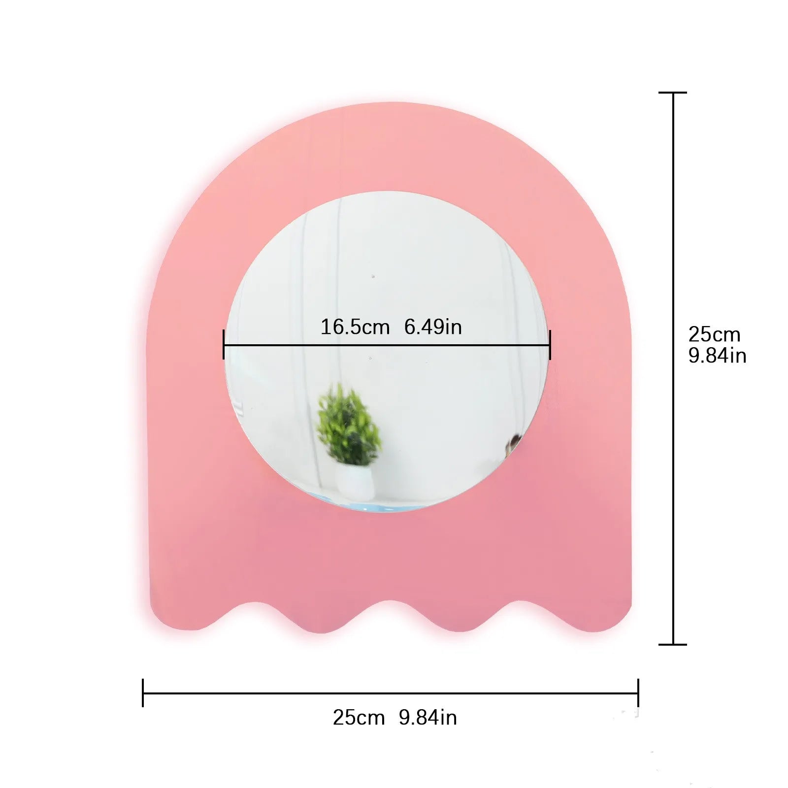 Pink ghost-shaped wall mirror with dimension markings showing a width of 25cm (9.84in) and a height of 25cm (9.