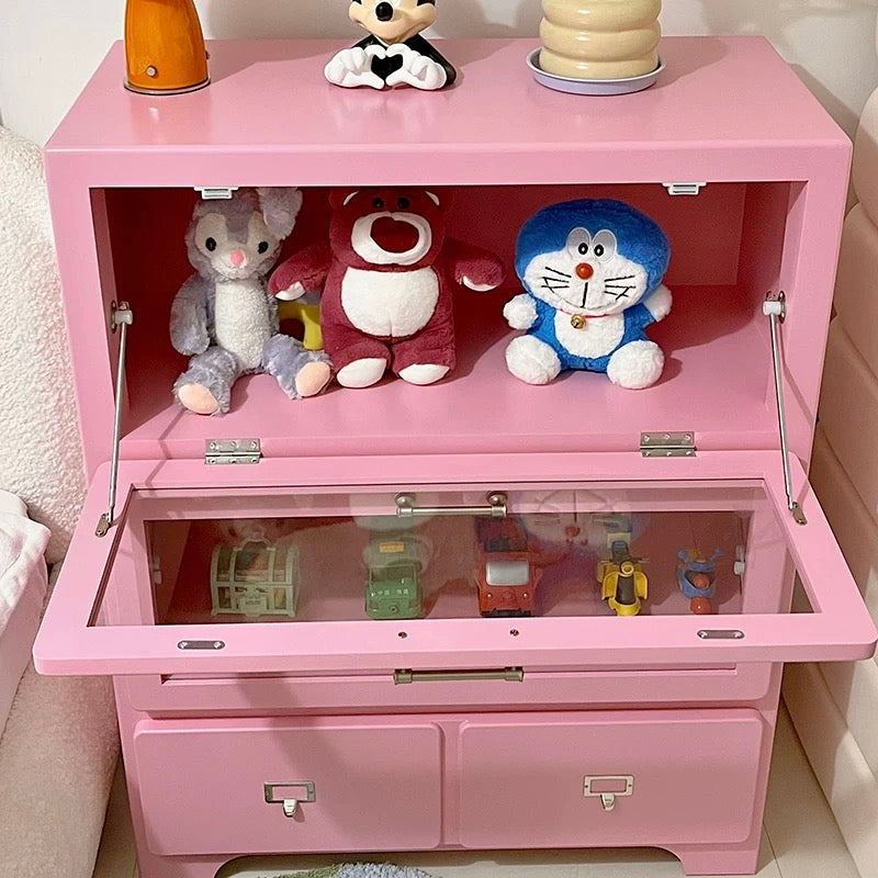 Dopamine pink storage cabinet with display sections perfect for collectors and pastel rooms interior decor