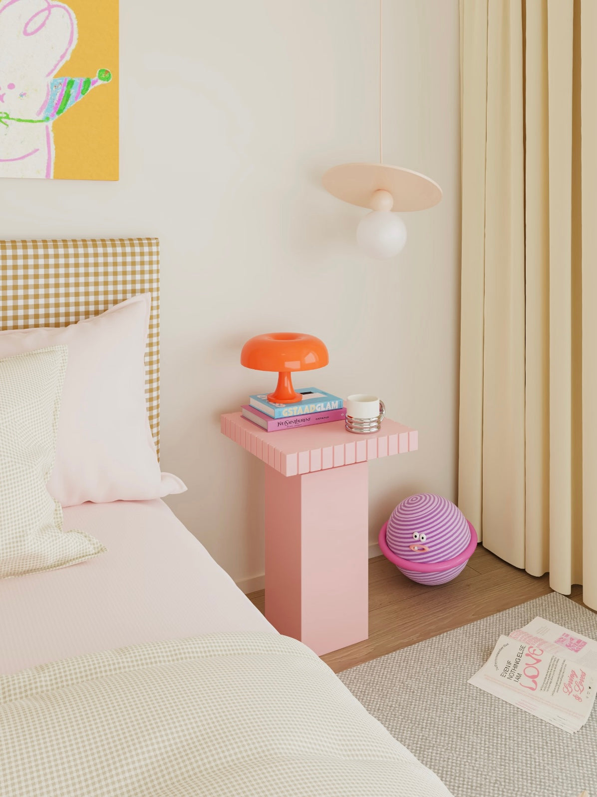 Pink small bedside table next to a bed with white bedding