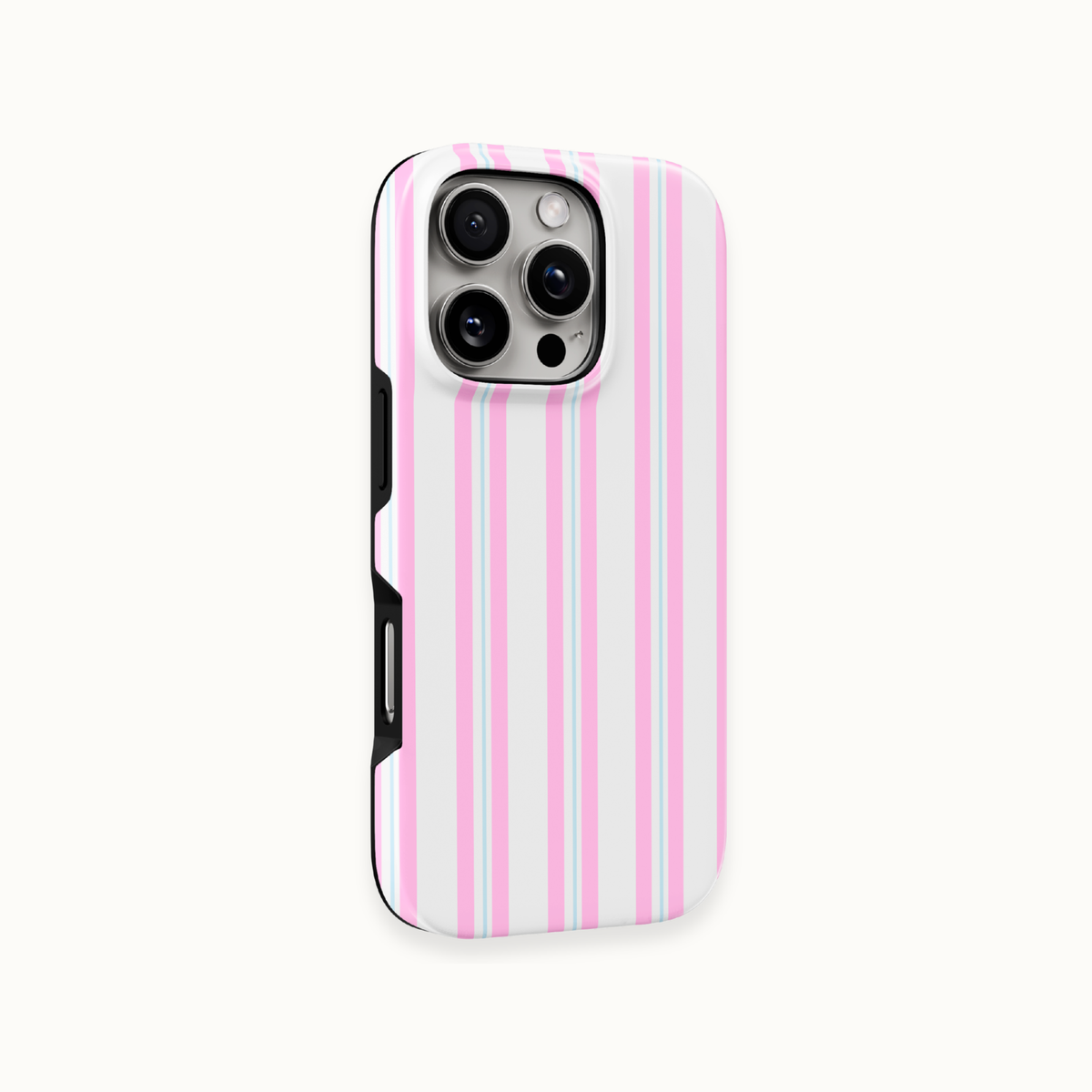 A phone case with a white background and vertical pink stripes, shown on a light off-white background.