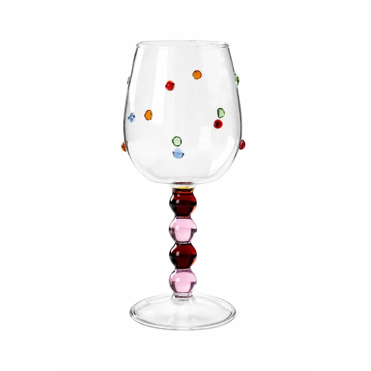 Pink champagne glass with colorful raised dots and stacked ball stem