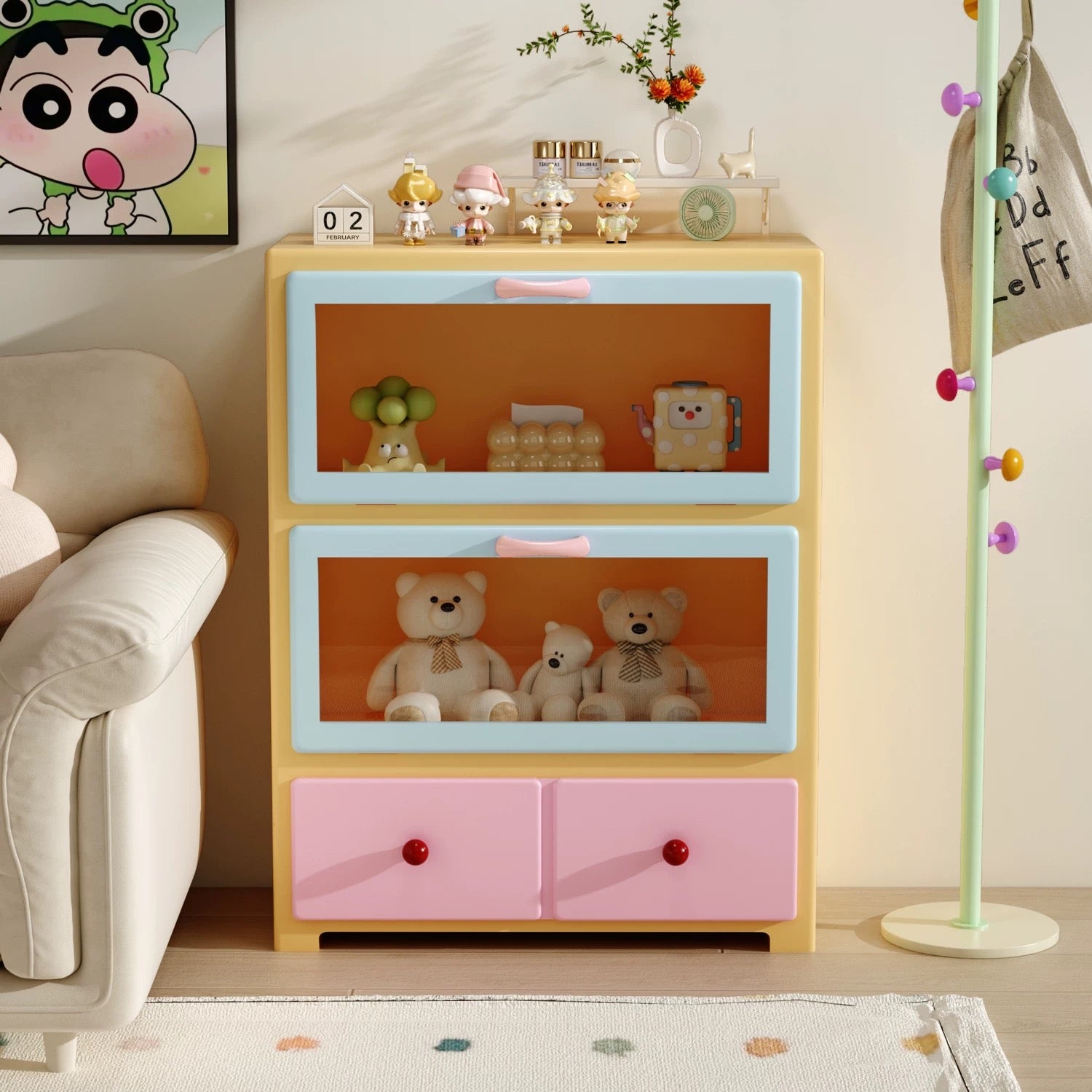Pink dopamine storage cabinet designed for figurine display and cute organized room decor aesthetic interiors