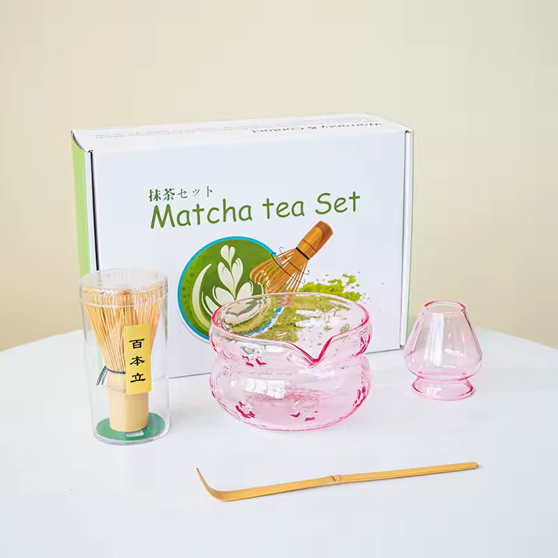 Pink and purple glass matcha bowl set with bamboo whisk holder for aesthetic kitchen tea rituals