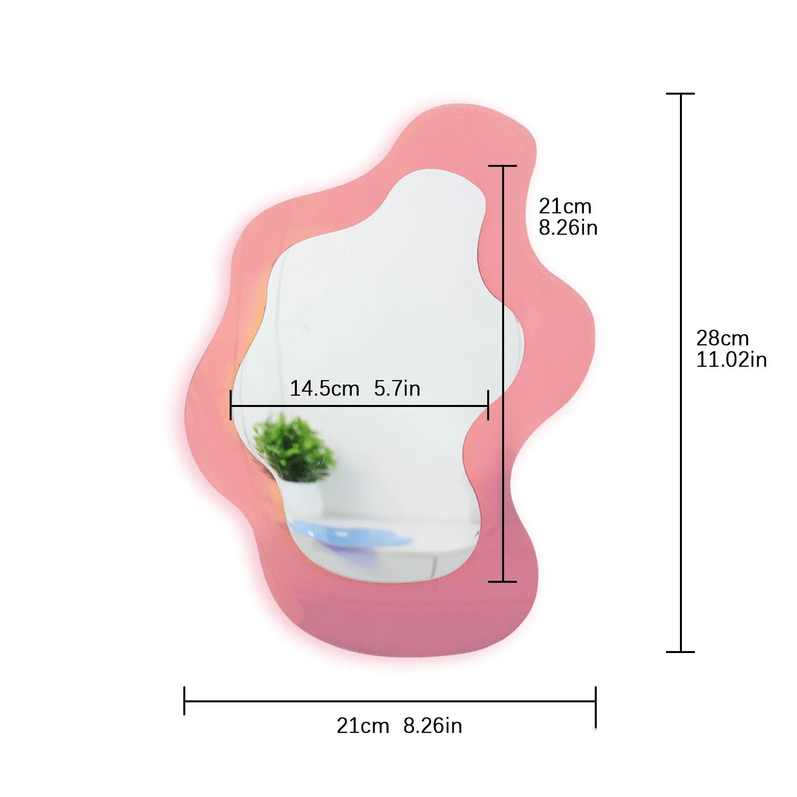 An irregularly shaped pink wall mirror with dimension lines and measurements showing its height, width, and depth on a white background.