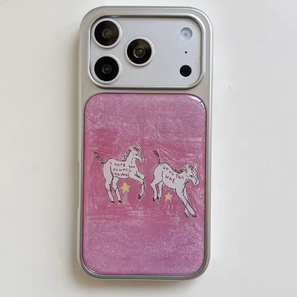 Pink plastic iPhone case featuring hand drawn pony illustration for indie aesthetic and everyday phone protection style.