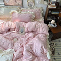 Soft girl aesthetic bedding set in pastel blue with detailed ruffle edges