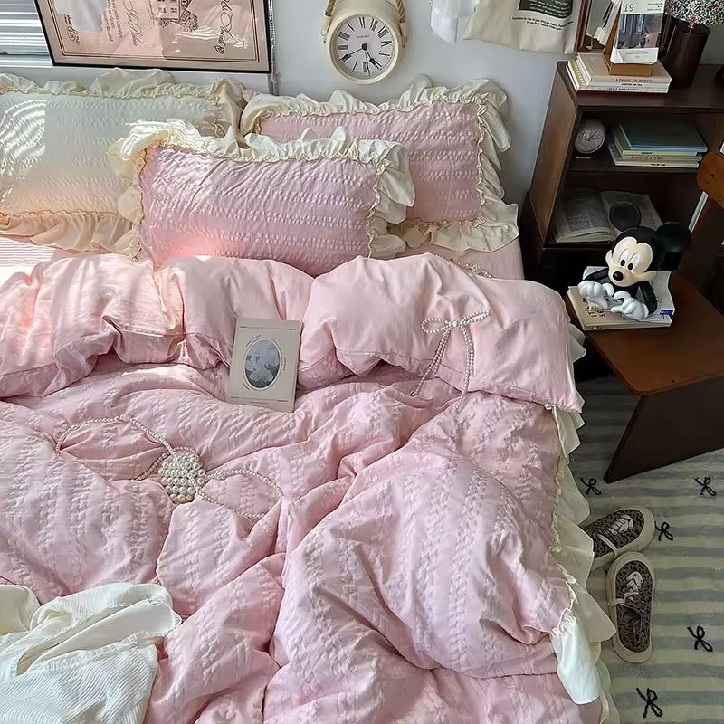Soft girl aesthetic bedding set in pastel blue with detailed ruffle edges