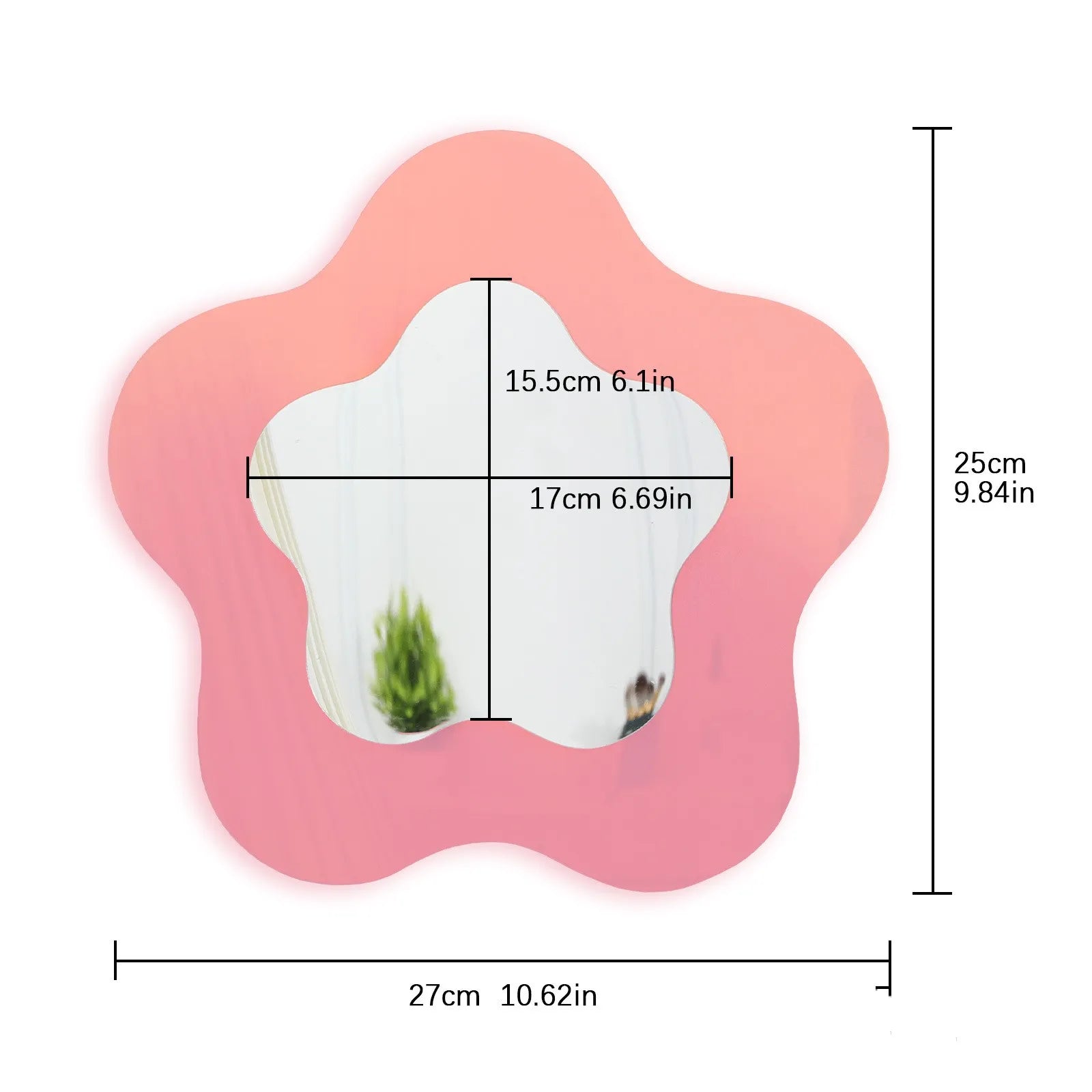 Pink flower-shaped wall mirror with overlaid dimension lines and measurements showing 27cm width, 25cm height, and the mirror reflection area dimensions.
