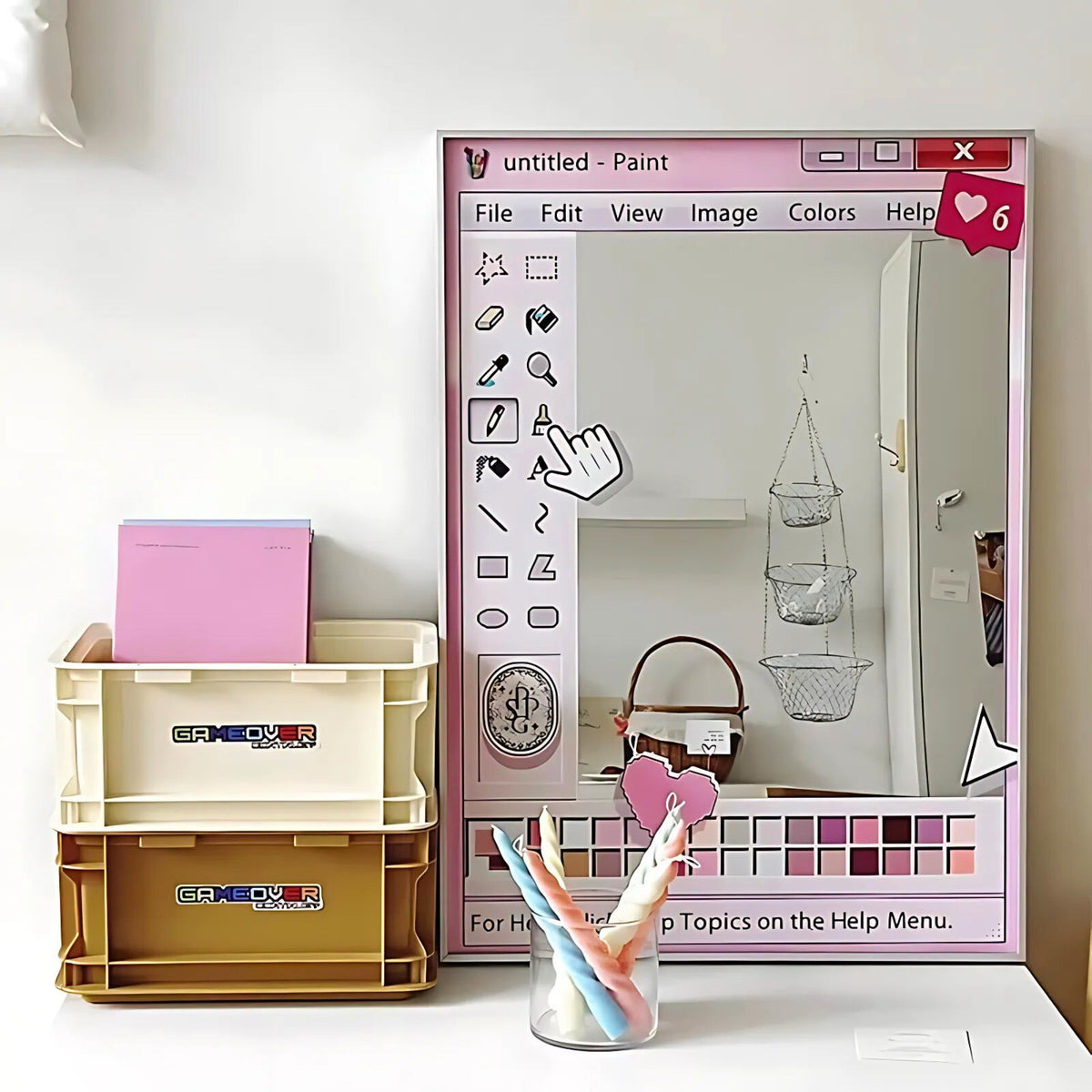 Pixel-style paint window mirror set in a pine wood frame