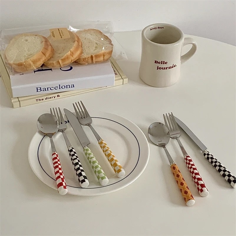 Plaid Ceramic Stainless Cutlery – Stylish 3-Piece Tableware