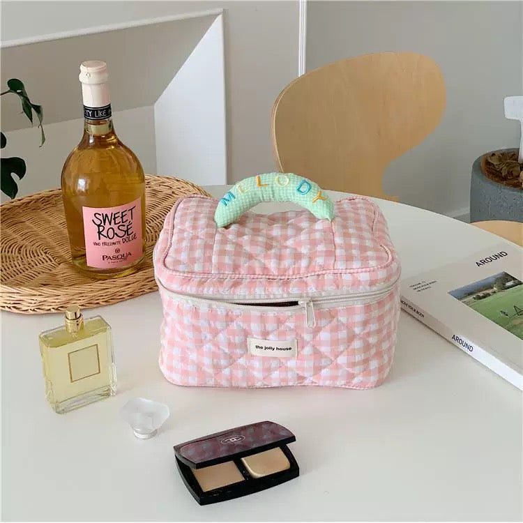 Portable plaid makeup organizer with handle and soft girl aesthetic