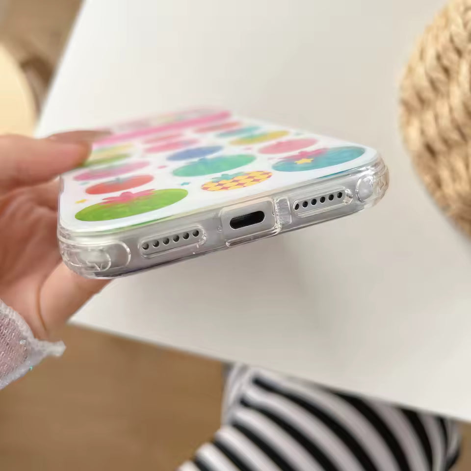 Colorful fruit print silicone phone case featuring whimsical tomato illustrations and pink camera border protection design
